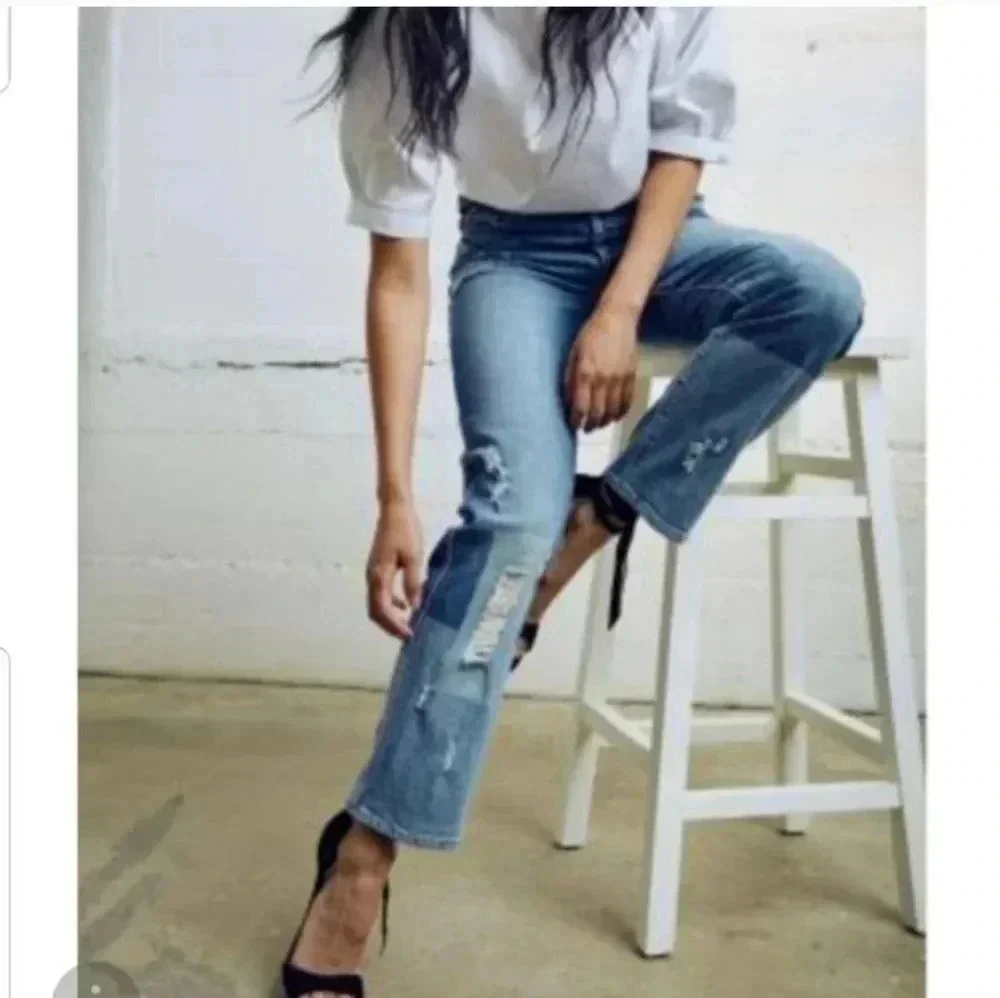7 For All Mankind Edie Highrise Patchwork Slightly Distressed Straight Jeans(26)